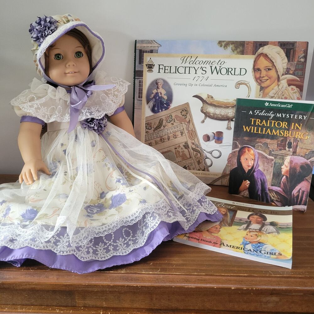 Pleasant Company Felicity American Girl 18" Doll Custom Colonial Dress + Books